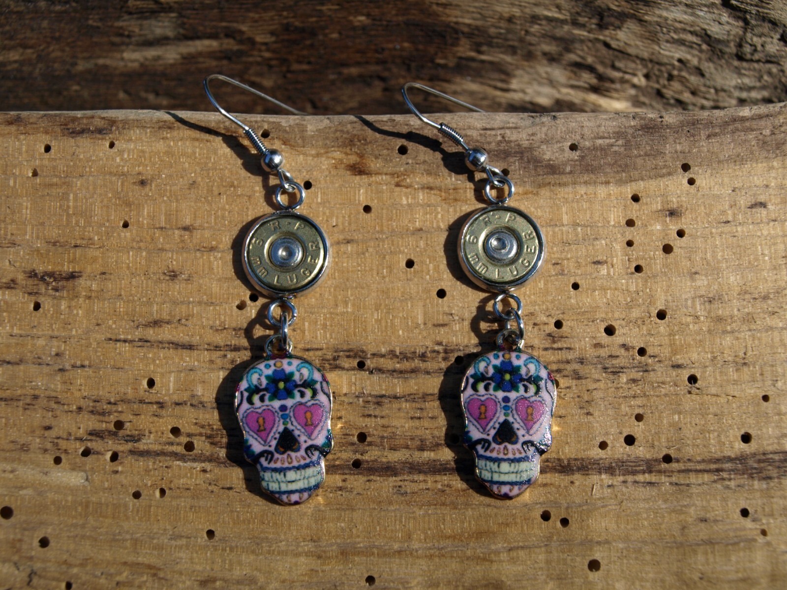 Stainless Steel Bullet Earrings with Pink Sugar Skull Charms. Optional Crystals.