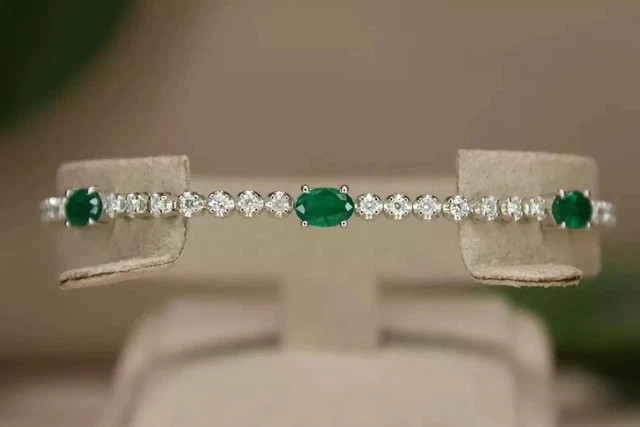 9TCW Oval Lab Created Emerald & Diamond Tennis Bracelet 14K White Gold Plated