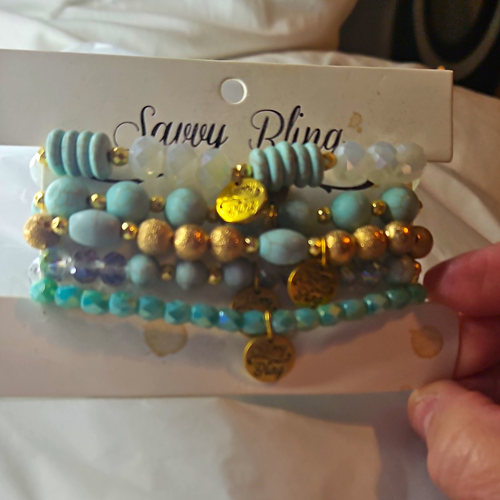 Savvy Bling Beaded Charm Bracelet Stack Set Blue/Gold Tone Dangle Charms