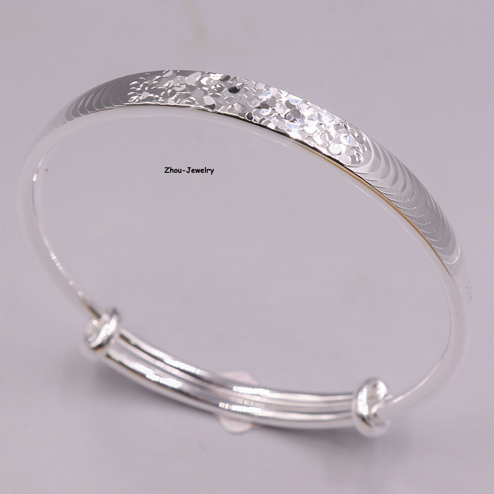 Real S999 Fine Silver 999 Women 6.5mm Lucky Laser Figure Bangle 25-26g 55-61mm
