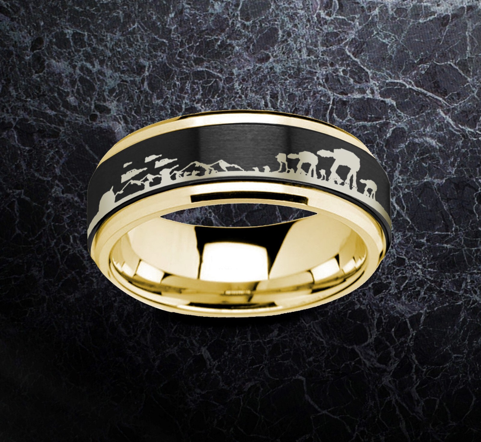 Star Wars Hoth Battle Scene Spinner Ring, Tungsten Carbide Wedding Ring 8mm
