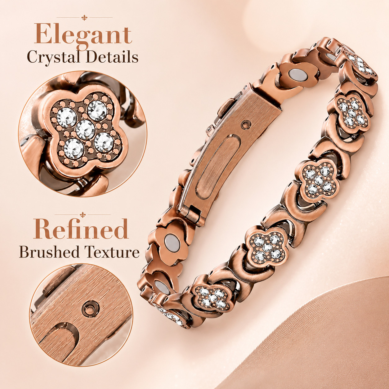 Women’s Copper Magnetic Bracelet Clover Crystal Adjustable Pain Relief Arthritis