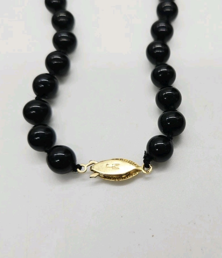 Black Glass Beaded Necklace Hand-Knotted MJ Signed Clasp Gold tone 26 in