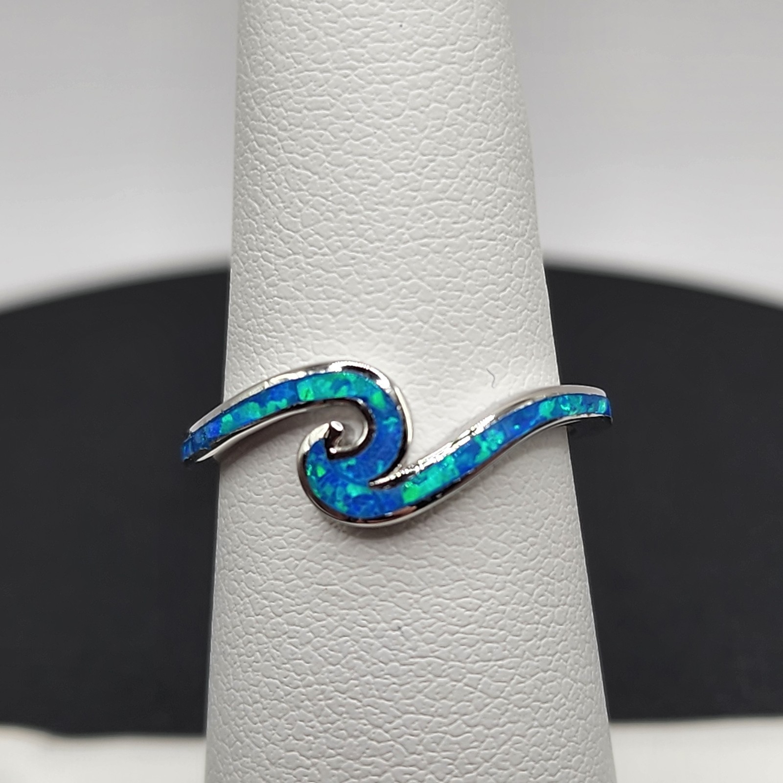 925 NEW Sterling Silver Rhodium Plated Wave Blue Lab Opal Ring Size 6