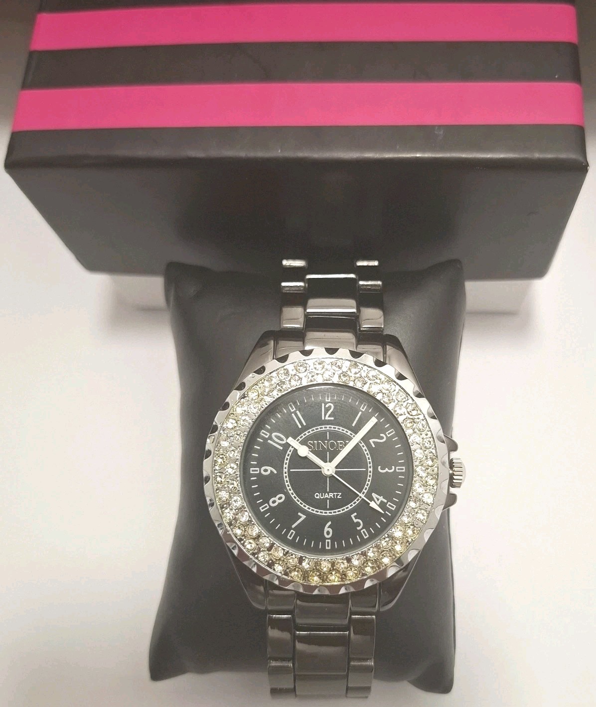 Sinobi Ladies Gunmetal Watch Crystal Bezel Black Dial Quartz New Boxed