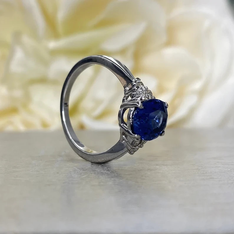3.80 Ct Oval Natural Sapphire & Diamond Wedding Ring 14K White Gold Size 6