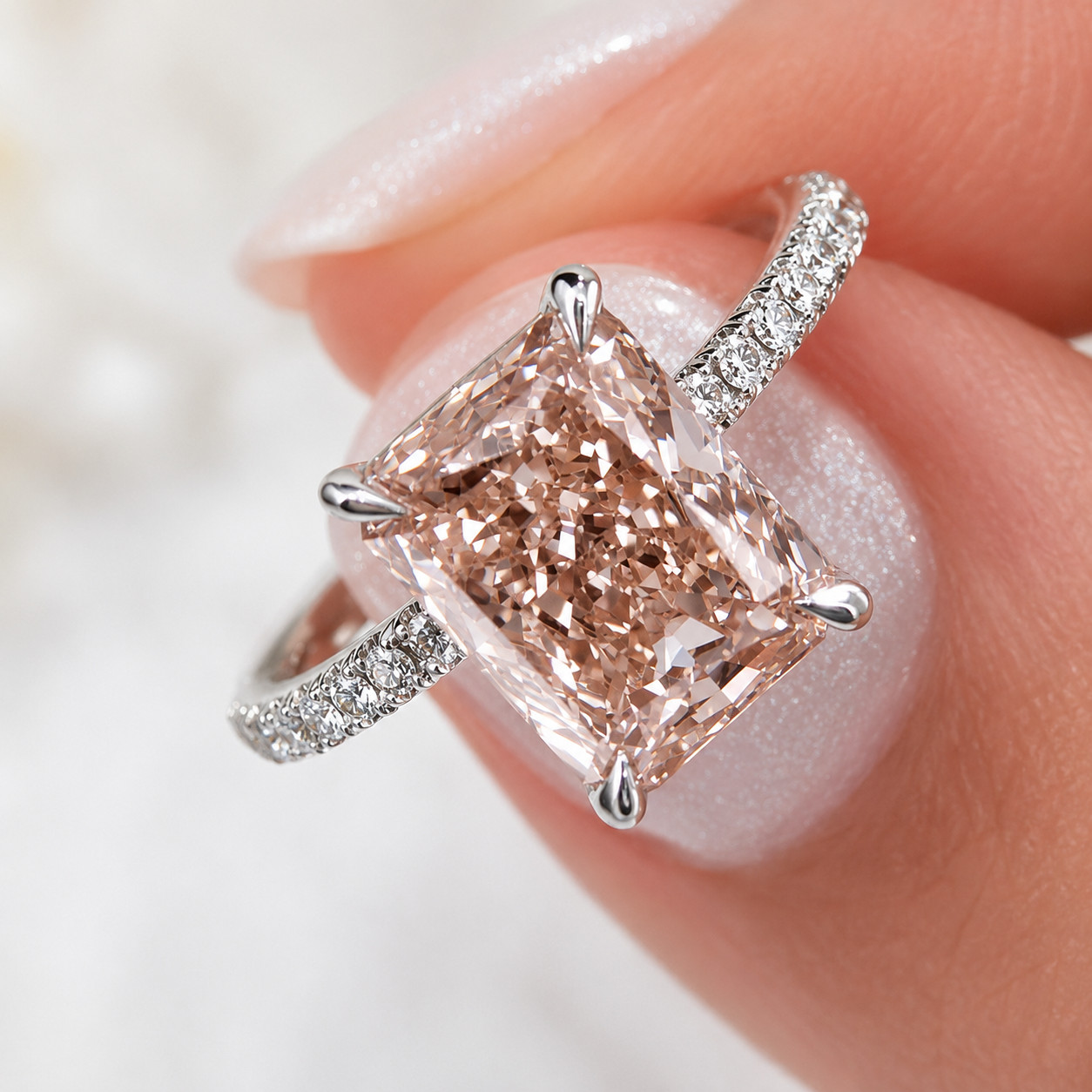 3.75 CT Radiant Cut Fancy Vivid Pink Lab Grown Diamond Women Ring 18K White Gold