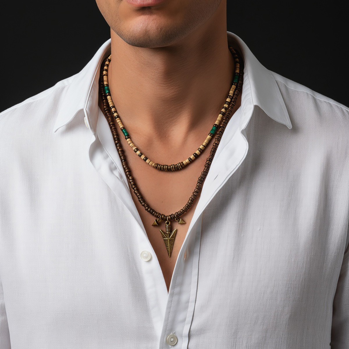 Men Layered Coconut Shell Bead Necklace Arrow Pendant Retro Surf Style Jewelry