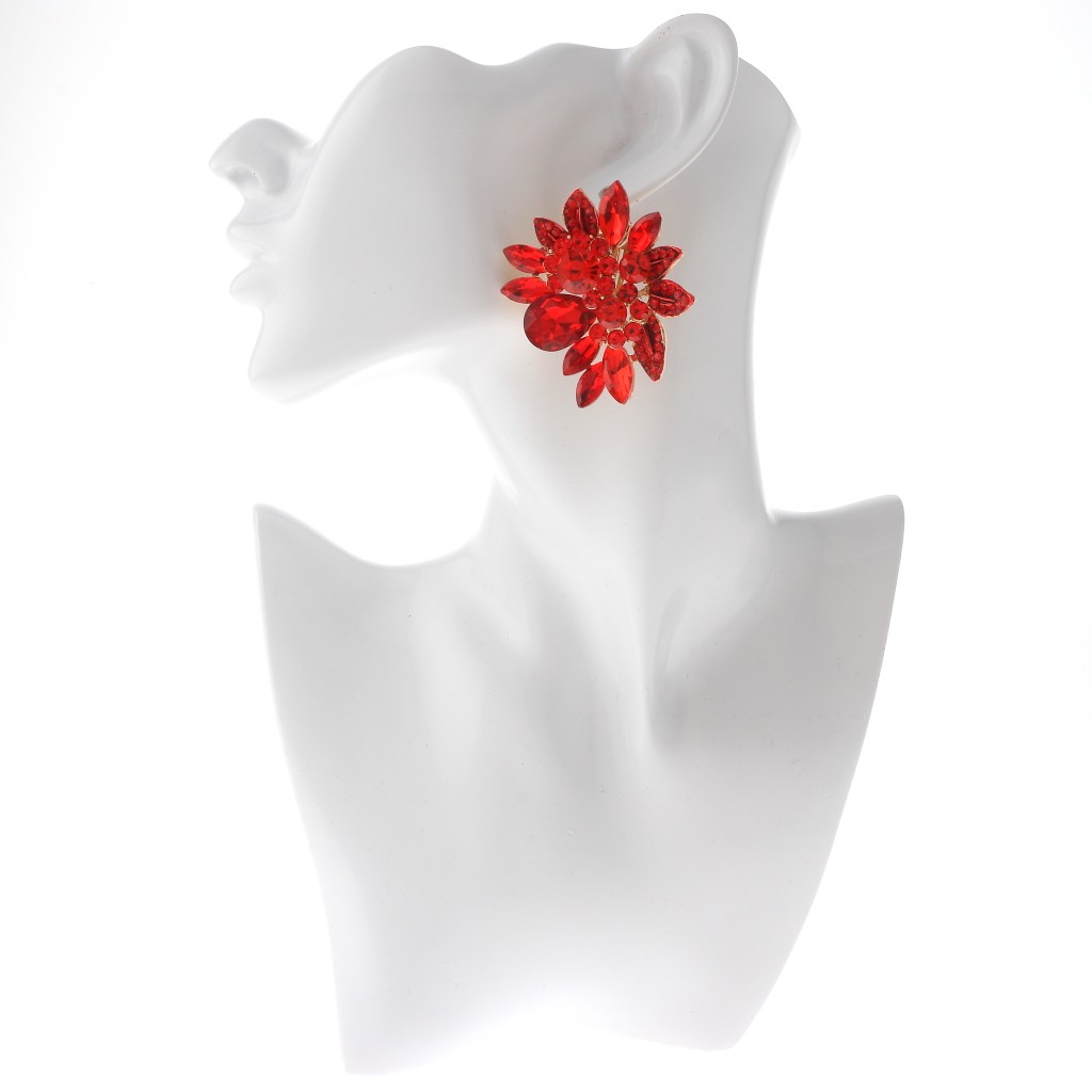 Gold Tone Alloy Metal Crystal Rhinestone Clip-On Earrings ER2665-RED