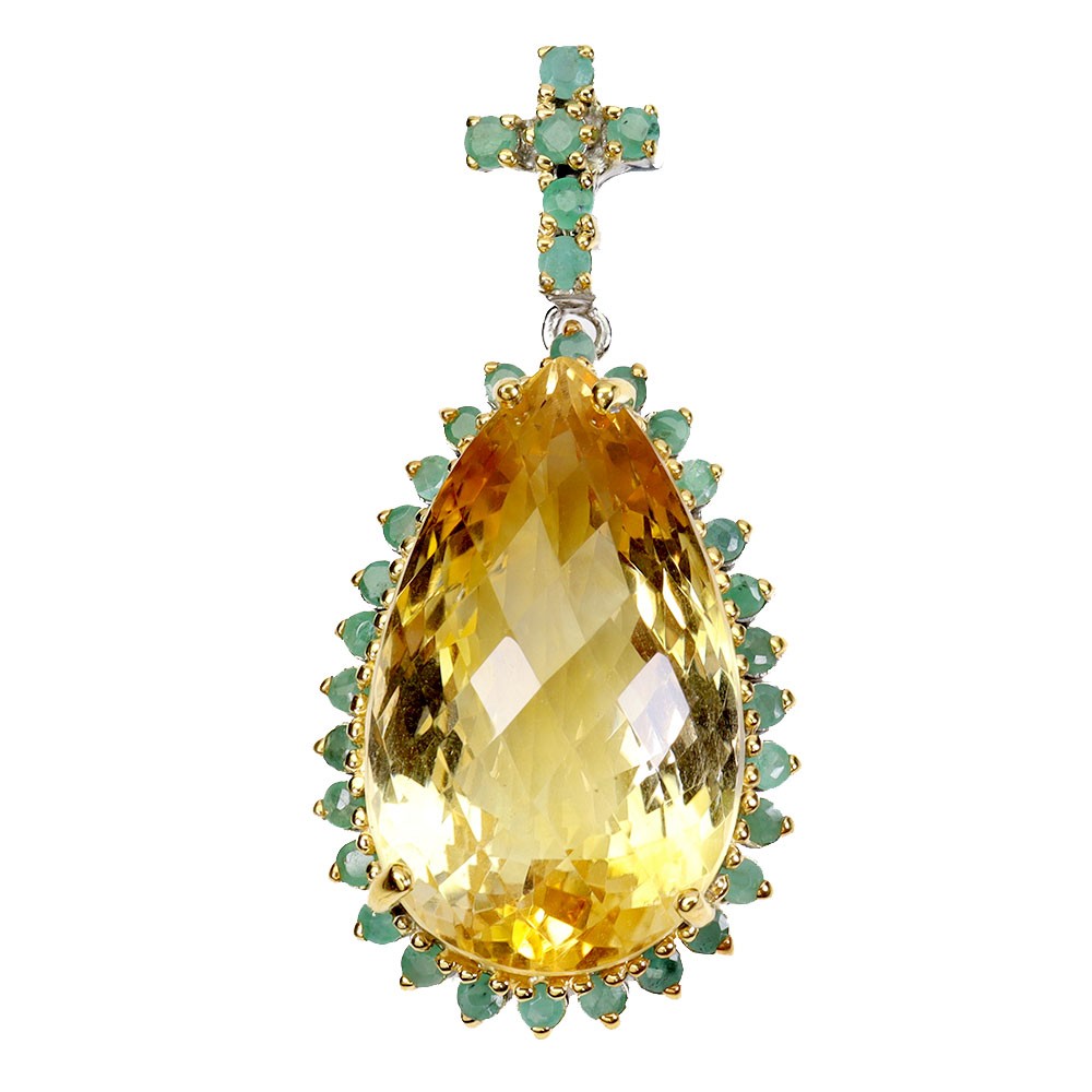925 Sterling Silver Pendant Pear Citrine 49ct Emerald Handmade Gemstone Jewelry