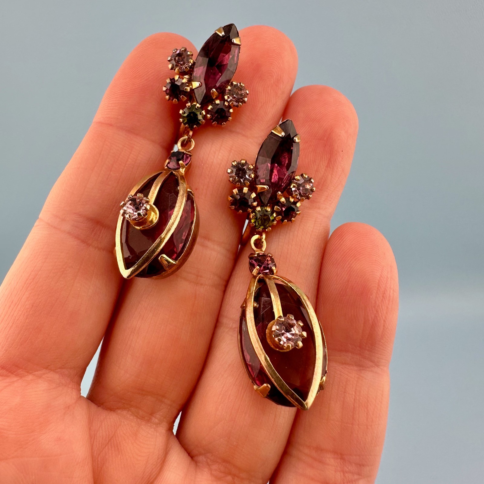 Vintage Purple Rhinestone Dangle Earrings Rose Gold Tone Clip On Prong Set