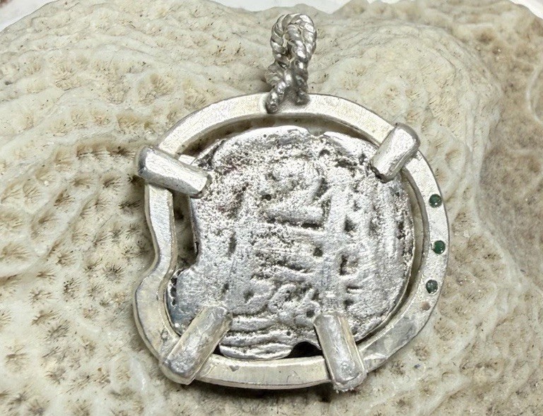Authentic Spanish-Colonial 2-Reales Silver Shipwreck Cob Coin in Emerald Bezel