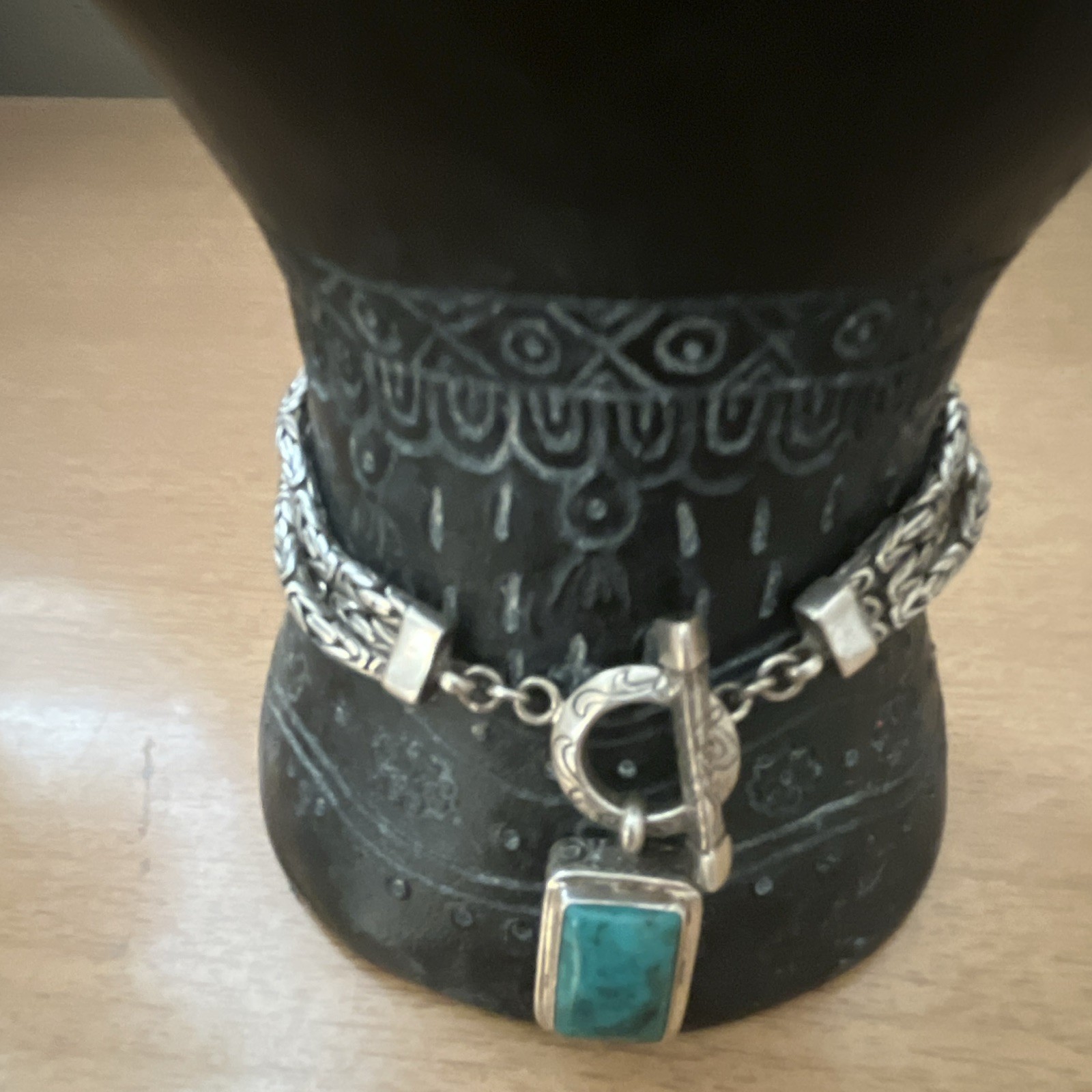 Vintage Sterling Silver 925 Triple strand bracelet w/turquoise 8”