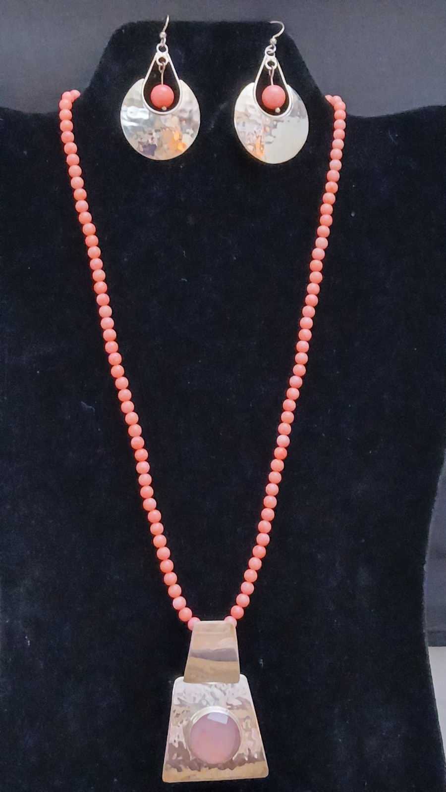 HSN DDD Geometric Pendant & Earrings- Coral Beaded Necklace Set 925