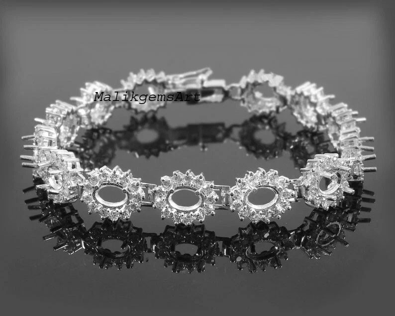 Semi Mount Bracelet 925 Sterling Silver 7X5 MM Oval & CZ Blank Stone Bracelet