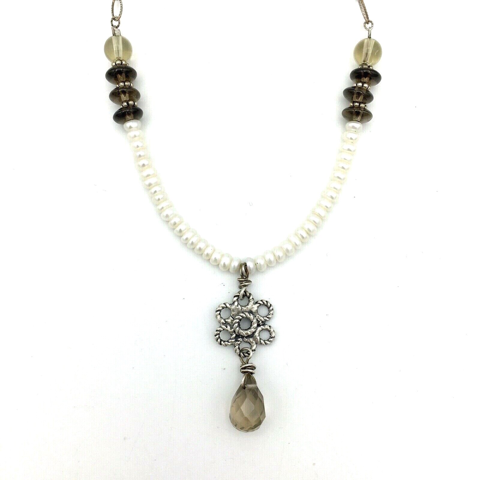 QUARTZ PRISM necklace – cultured pearl beads sterling silver flower pendant 20″