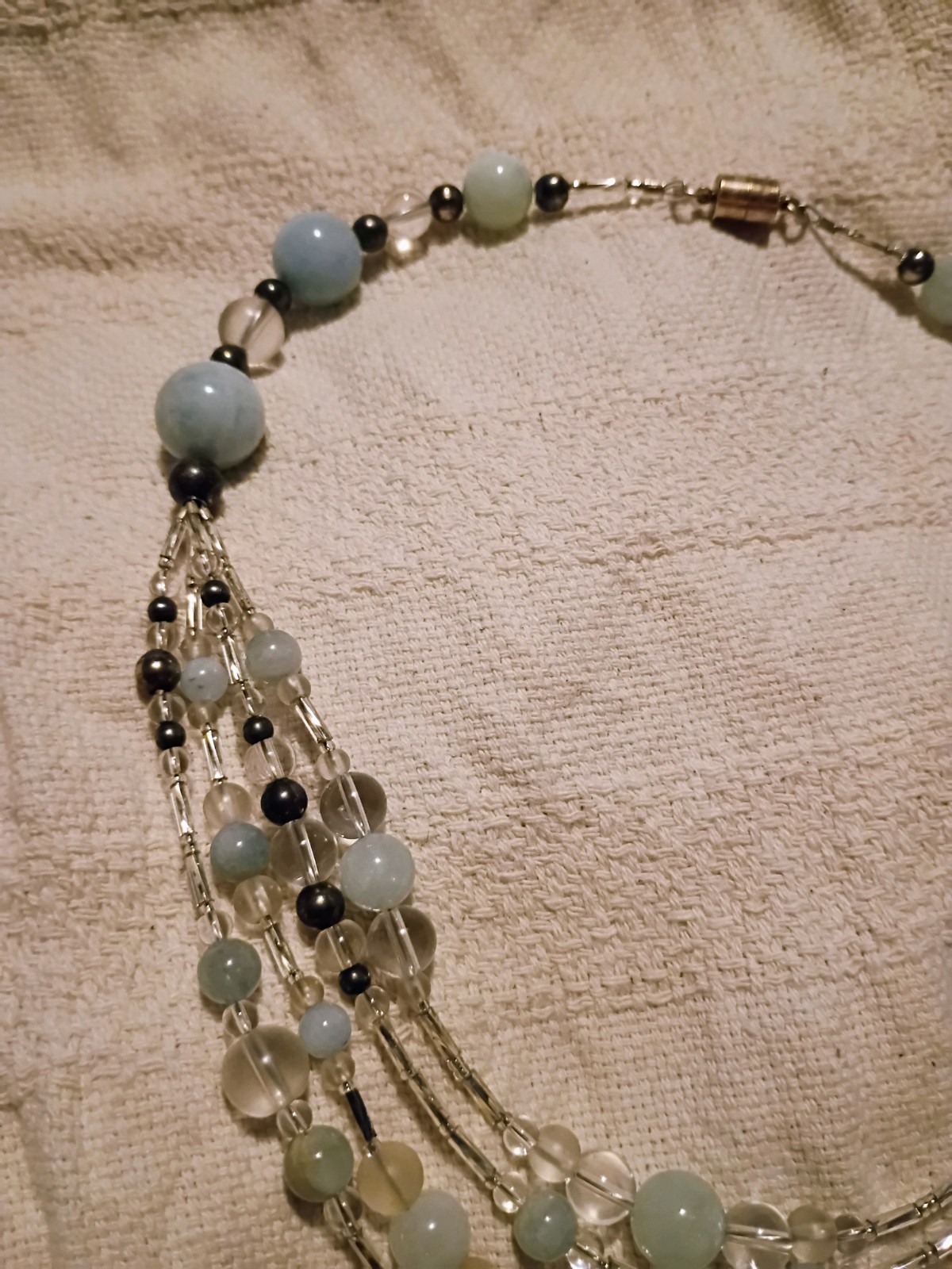 Multi-Strand Layered Blue & Clear Glass Beaded Necklace Silver Barrel Mag. Clasp