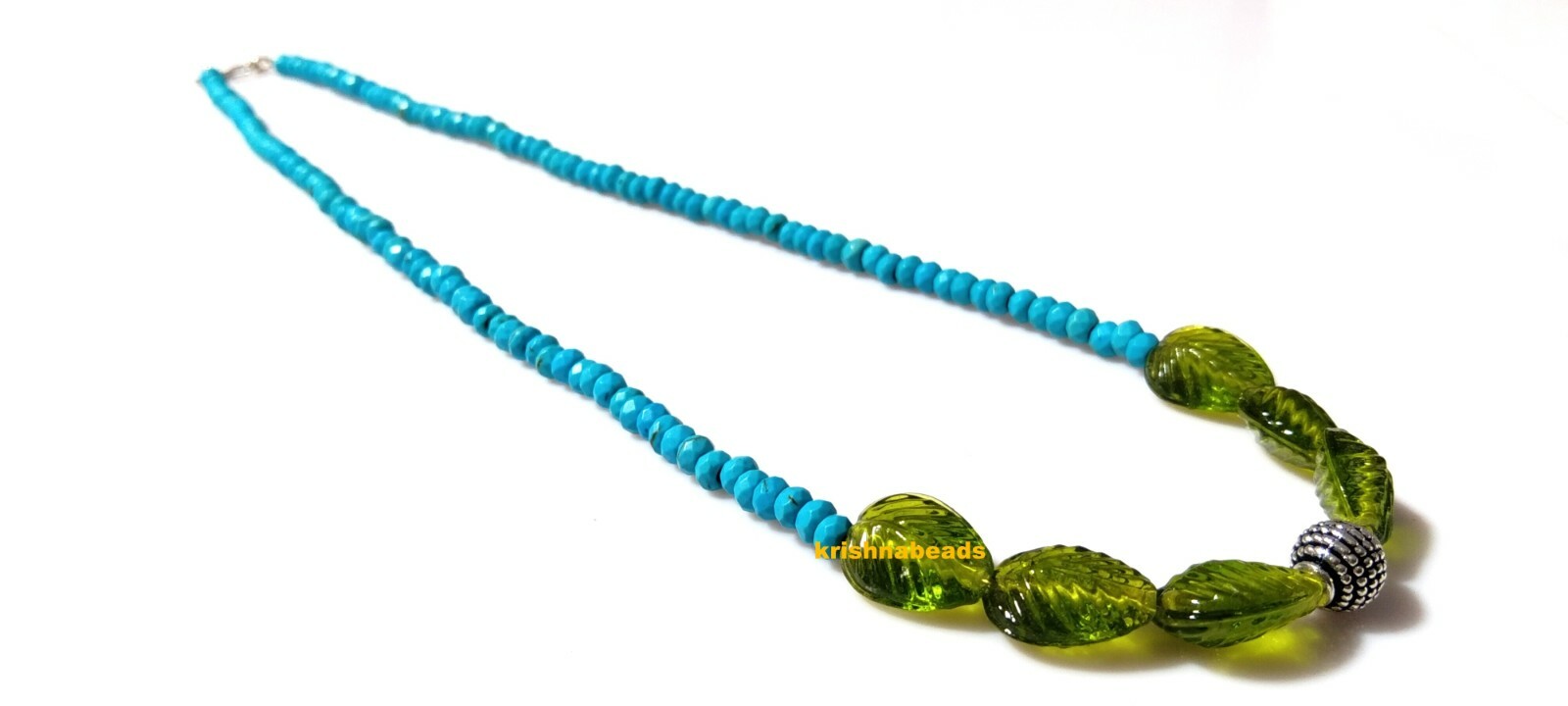 Turquoise with Peridot Hydro Pear Leaf Carved 11X14mm 18″ Inch Necklace