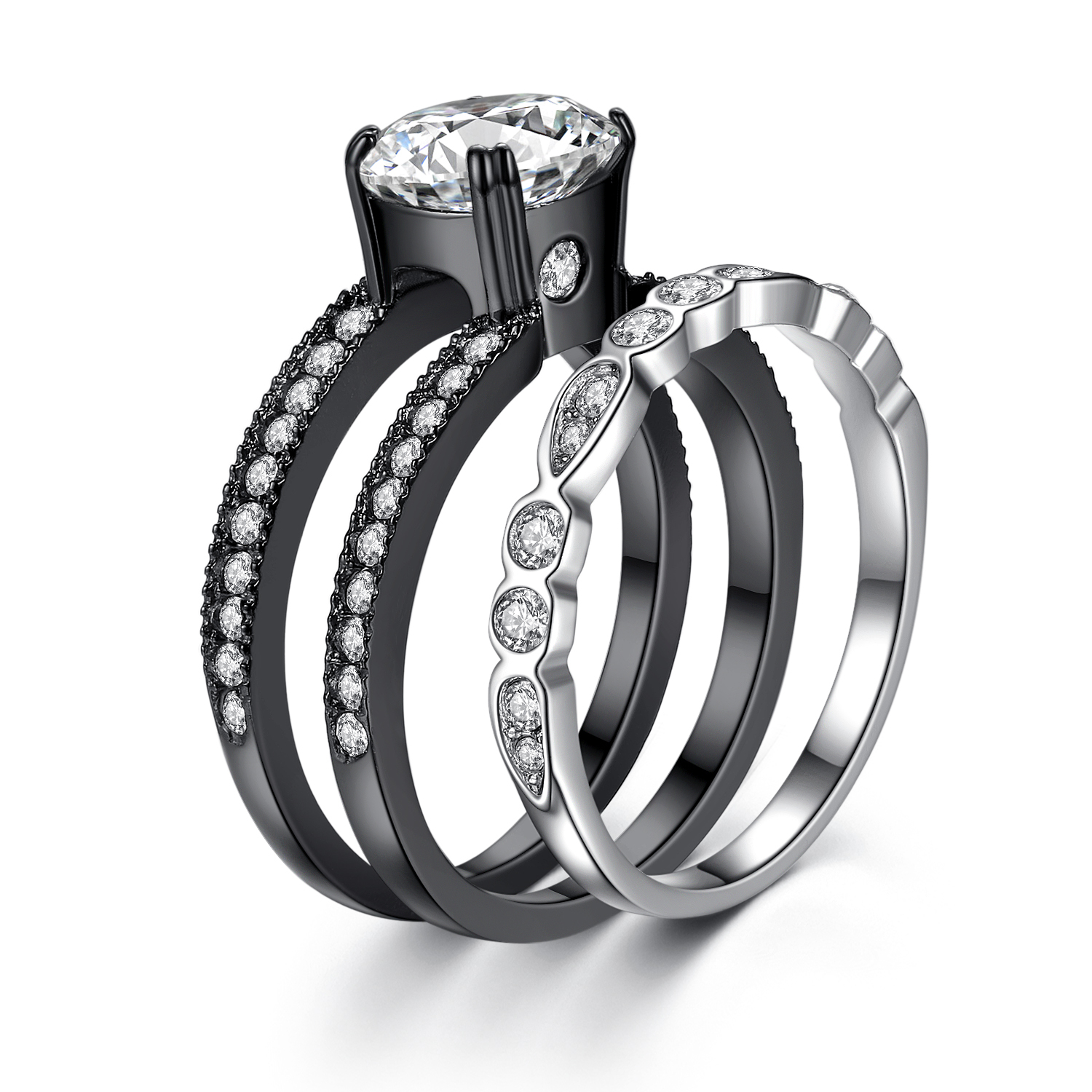 Women’s 2.18 Ct Black Stainless Round CZ Bridal Engagement Wedding Ring Set