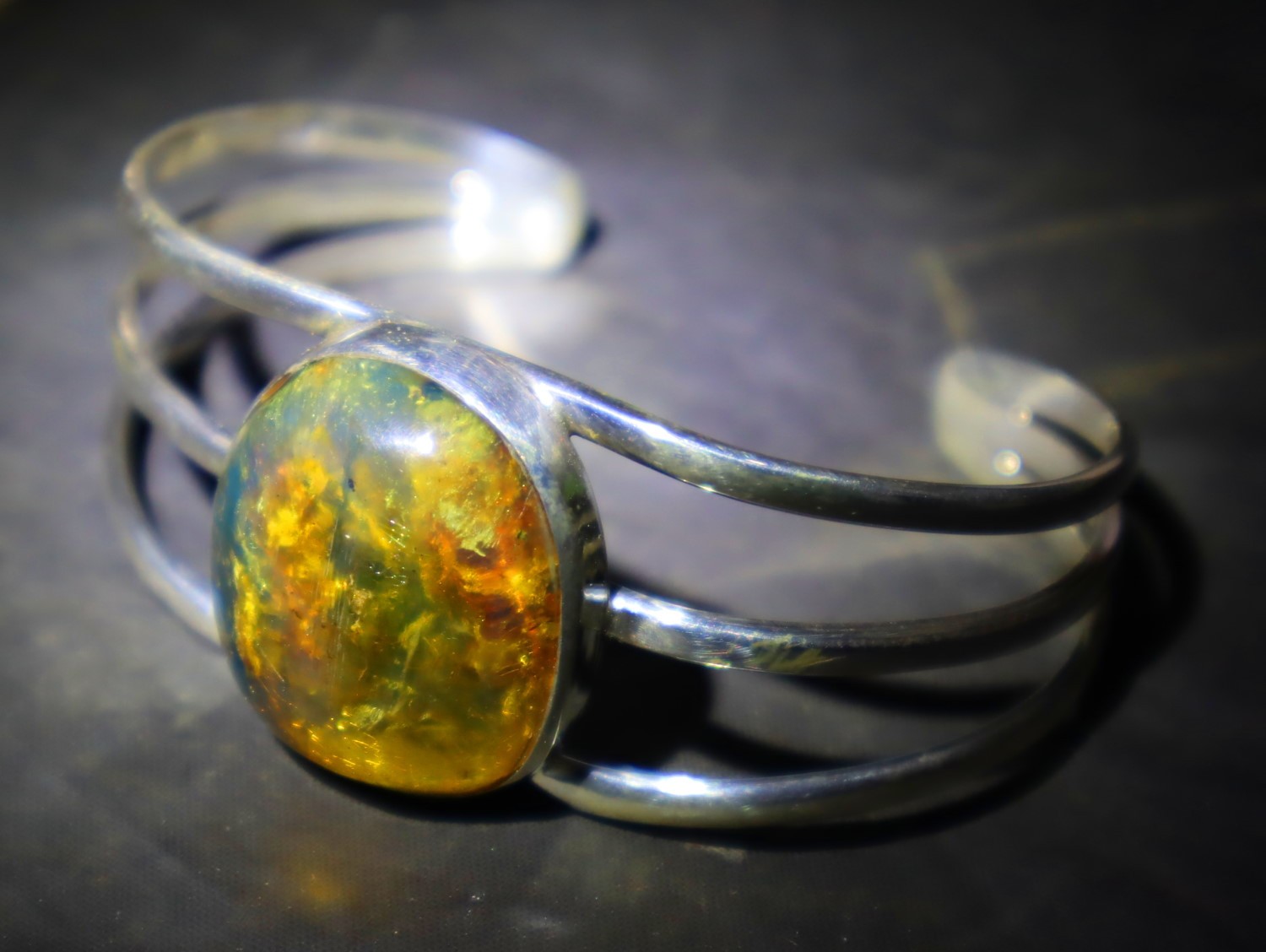 Hugh Natural Clear Green Blue Amber solid .925 Sterling Silver Cuff Bangle 7inch