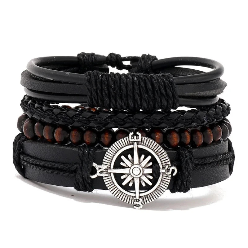 4Pcs/ Set Braided Wrap Leather Bracelets for Men Vintage Life Tree Rudder Charm