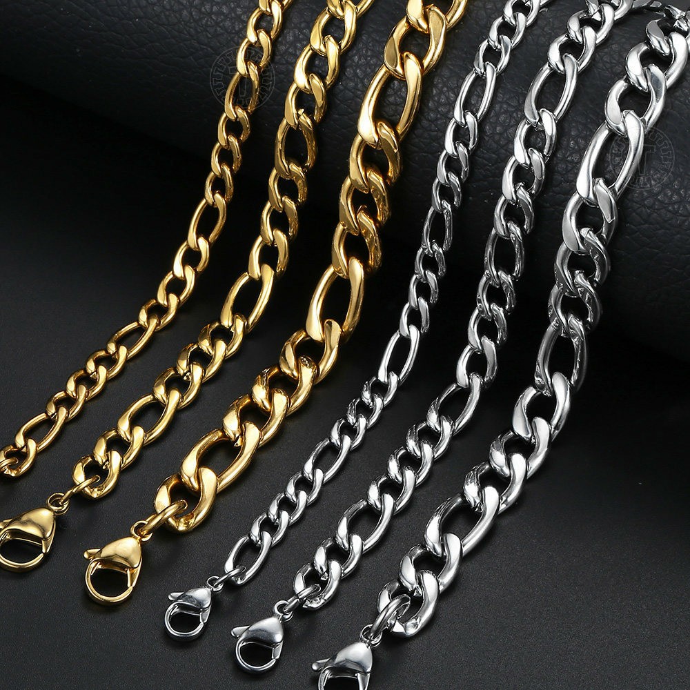 3/5/7/9mm Gold Plated Stainless Steel Figaro Link Chain Bracelet Men Women Jewel