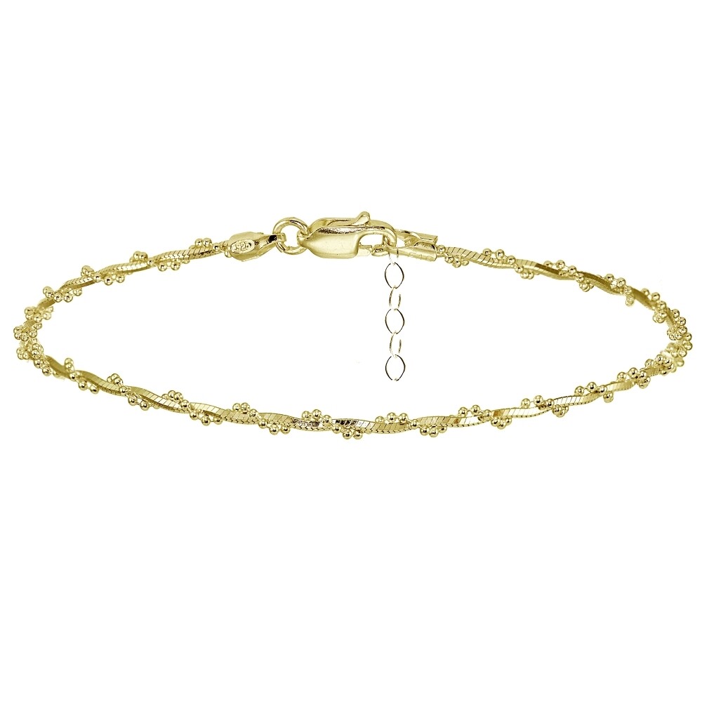 Yellow Gold Flashed Sterling Silver Box and Beaded Twisted Chain Anklet