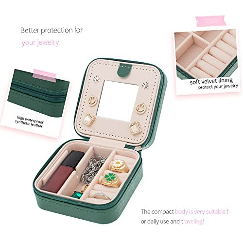 Travel Jewelry Case and Organizer with Mirror – Gift for Women and Girls Green