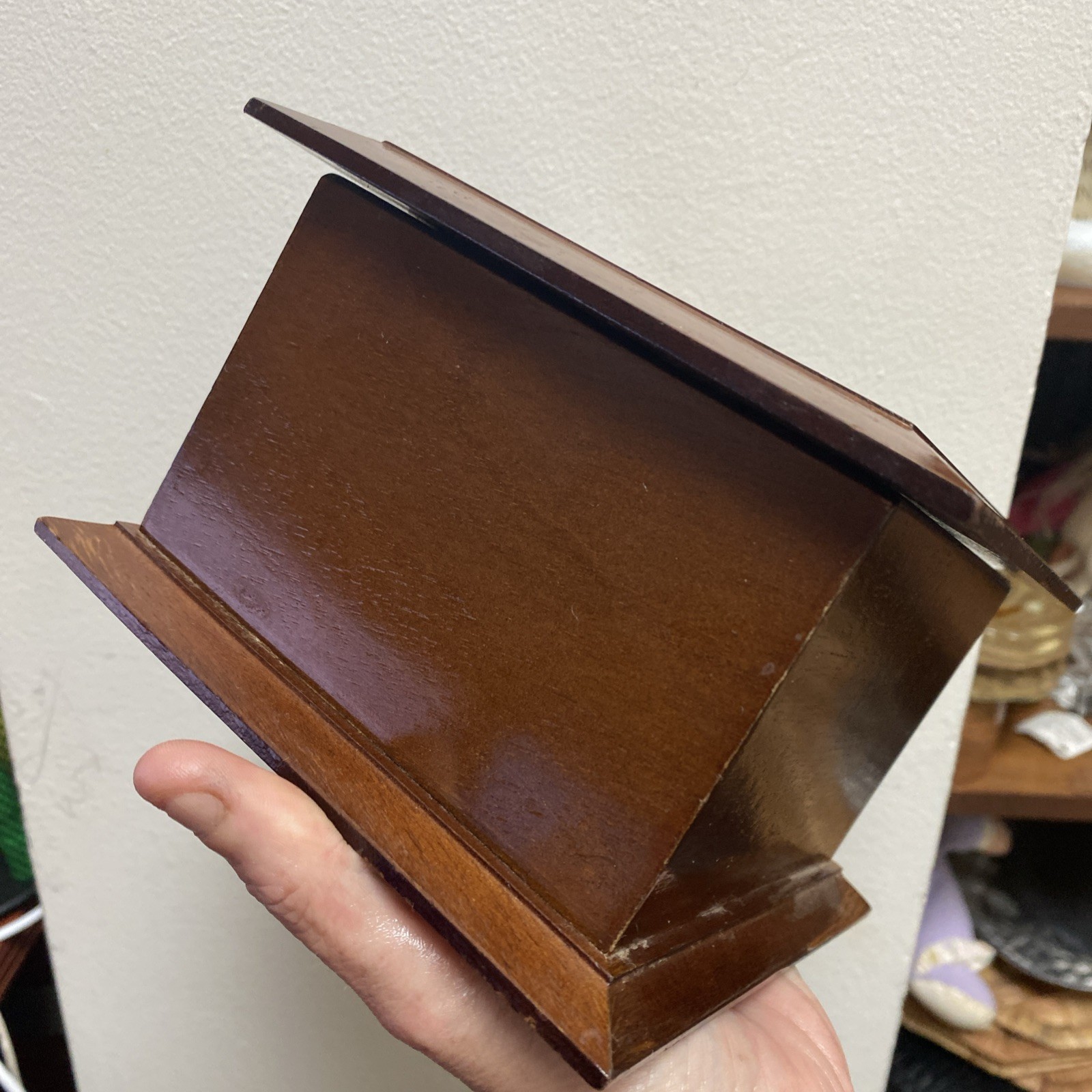 Wooden Jewelry Box 6x6x4″ Hinged Lid Two Levels Mirror Green Velvet Interior
