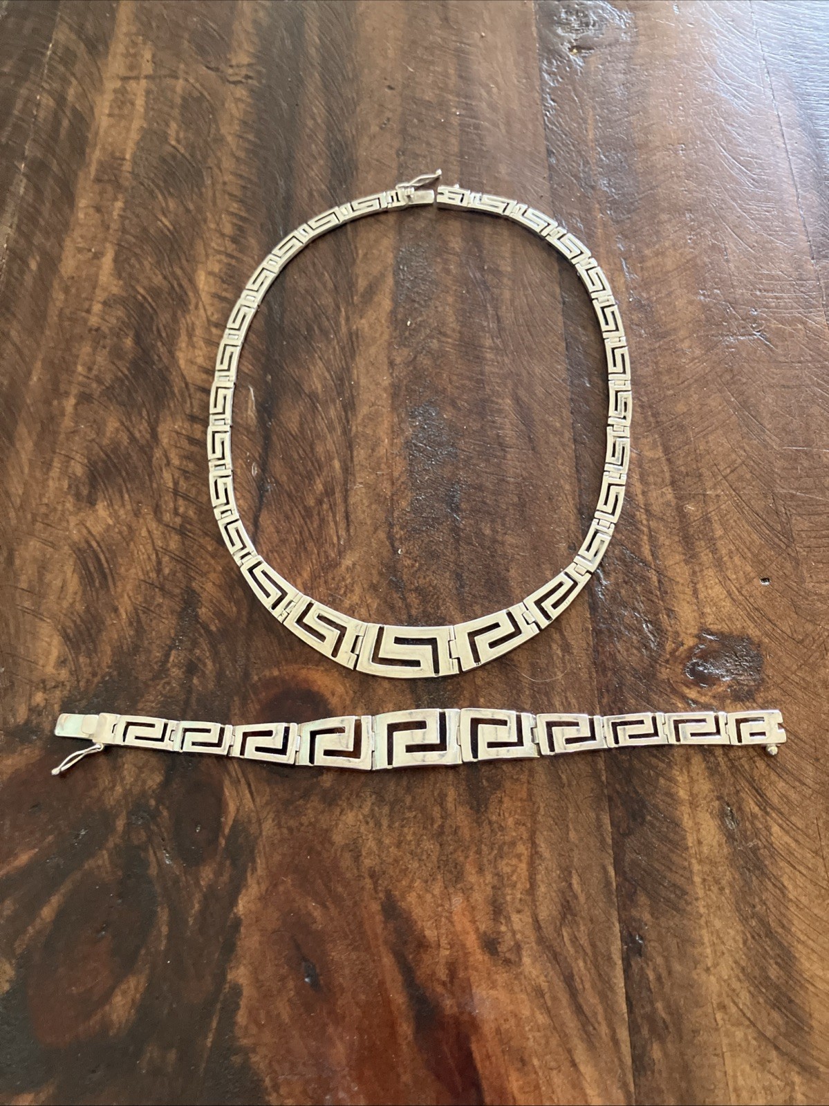 Vintage Beautiful Sterling Silver Greek Key Design Necklace And Bracelet Pair