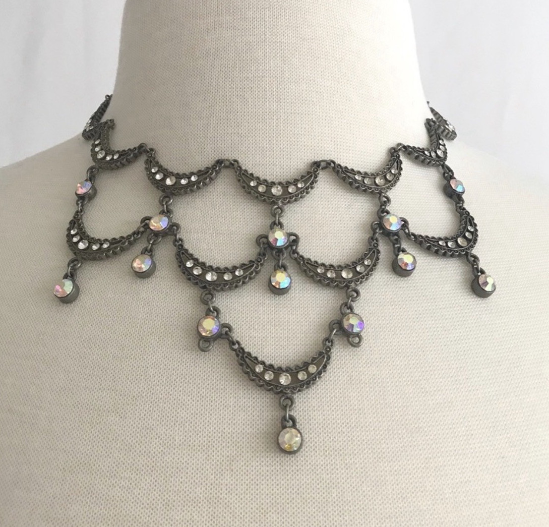 Vintage Crescent Scallop Necklace Iridescent Rhinestone Crystals Pewter Gunmetal