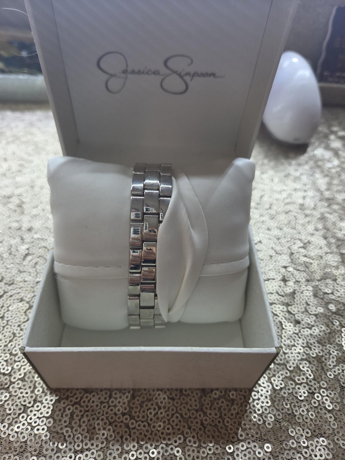 Jessica Simpson Silver-Tone Crystal Butterfly Watch with Mother of Pearl Dial