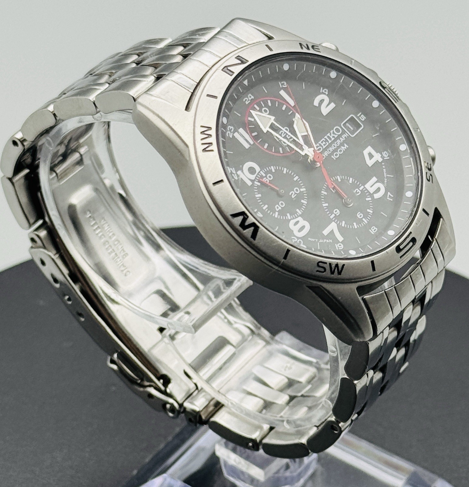 Seiko Watch Chronograph Black Dial Compass Bezel 100M Stainless Steel SND375P1