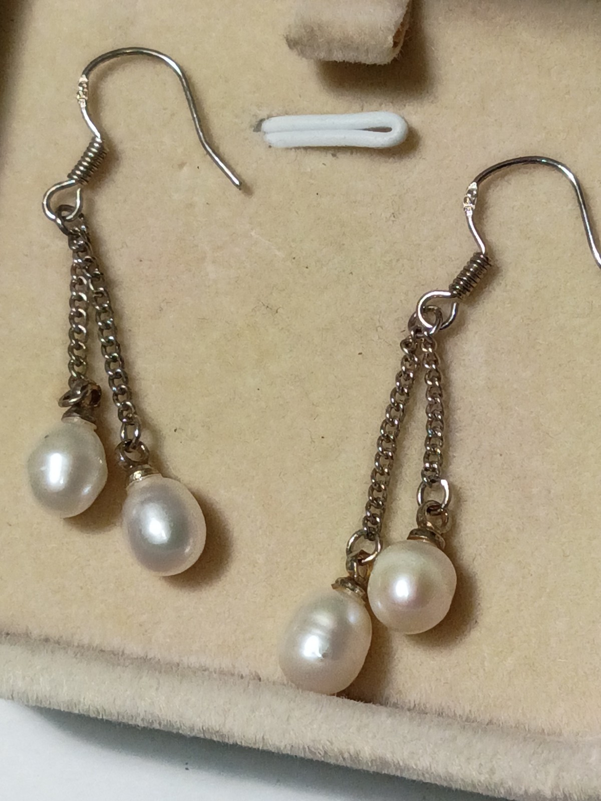 Round White Pearl Double Bead Dangle/Drop Earrings, Silver Metal, Hook