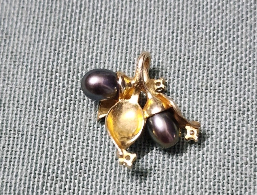 Vintage 14K Gold Tahitian Black Pearl Diamond Leaf Spray Pendant 585 Solid 2g