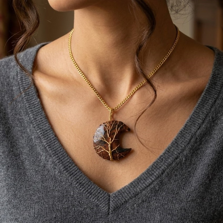 Crescent Moon Jasper Pendant 40-45Ct | Tree of Life Gold Wire Wrap Necklace