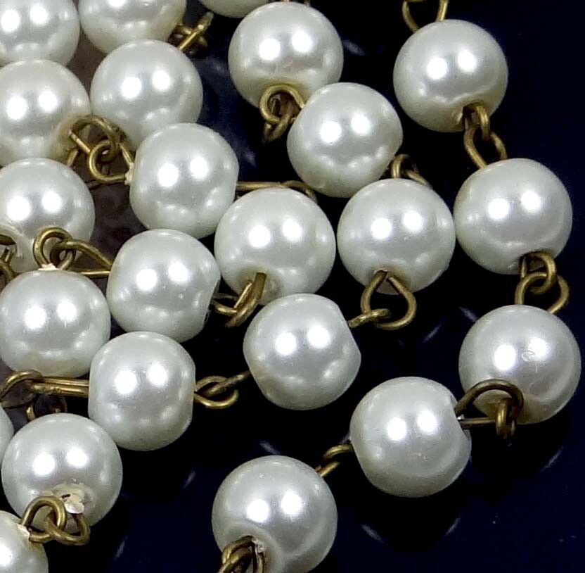 40″ (3.3 feet) 8mm White Glass Pearl Bead Antique Bronze Link Chain