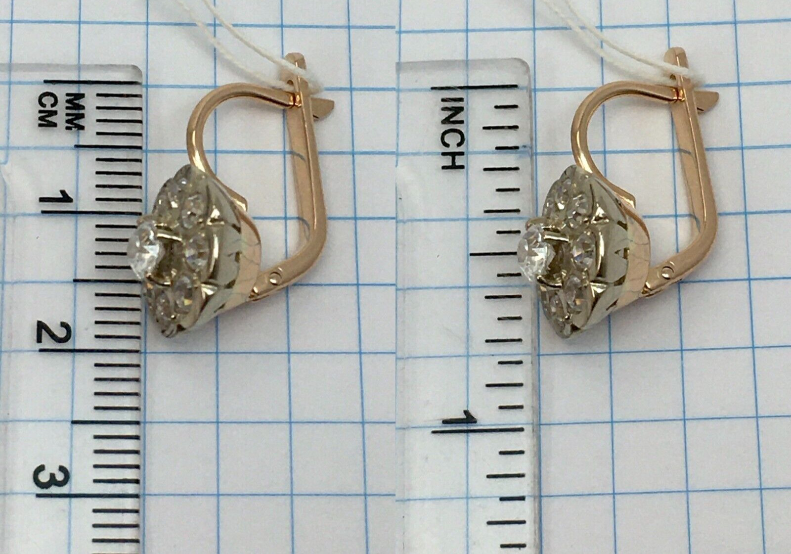 Vintage Original Rose & White Gold Cubic Zirconia Earrings 585 14K 7.36 g. 1990s
