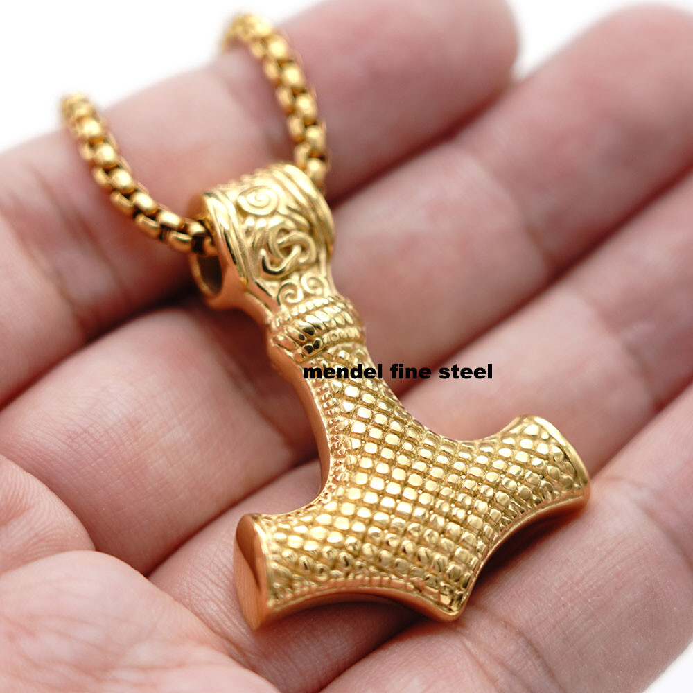 MENDEL Mens 10k Gold Plated Viking Thors Hammer Mjolnir Pendant Necklace For Men