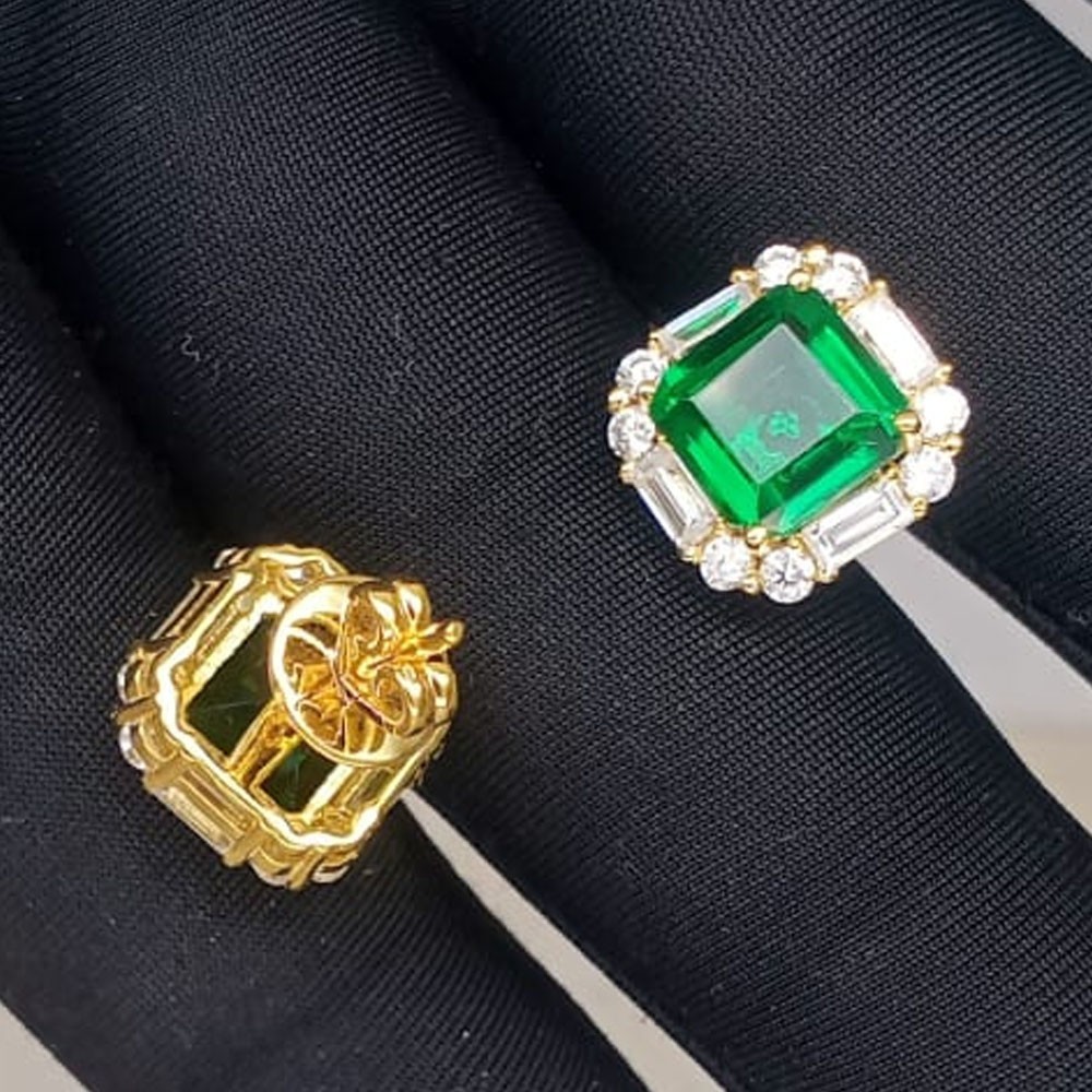 5.16Ct Asscher Cut Natural Emerald & Diamond Stud Earring 14K Solid Yellow Gold