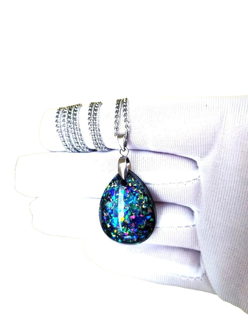 Opal Pendant Teardrop Unfaceted Resin Peacock Opal 21x28mm Stainless-Steel Chain
