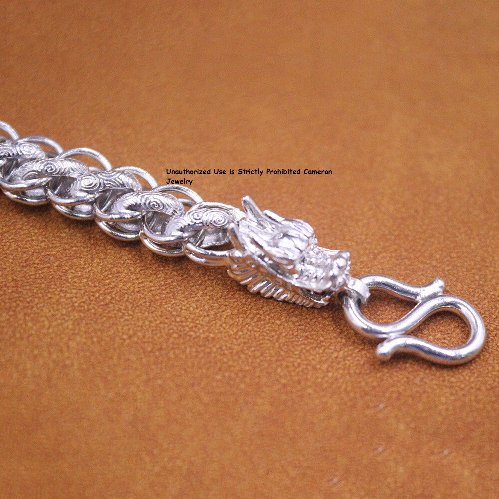 Pure S999 Fine Silver Bracelet 9mm Dragon Thailand Link Chain 25-26g 7.9inch