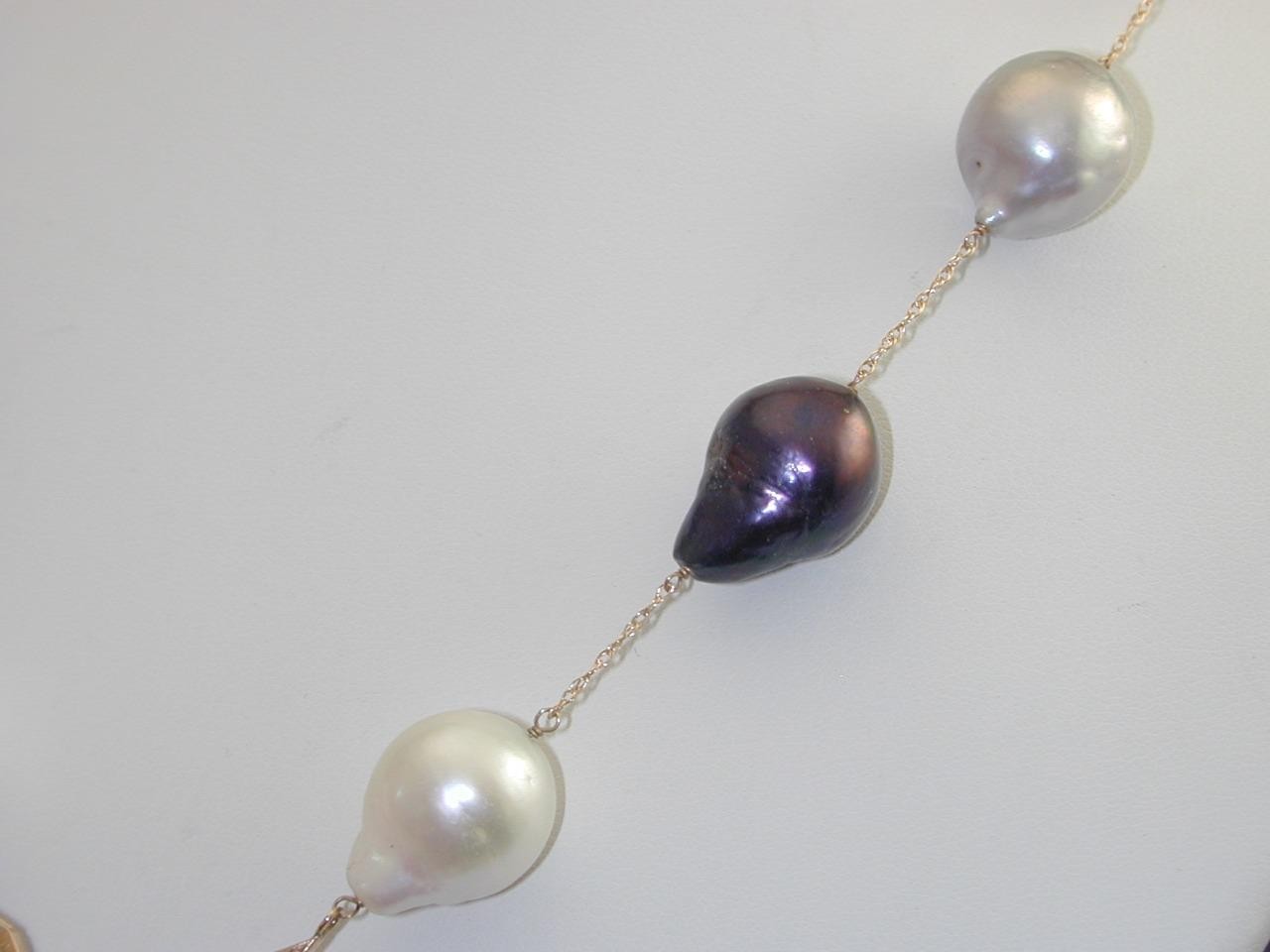 Vintage 14-18mm Gray Black White Baroque Pearl V Necklace 14k 17.75” Tahitian