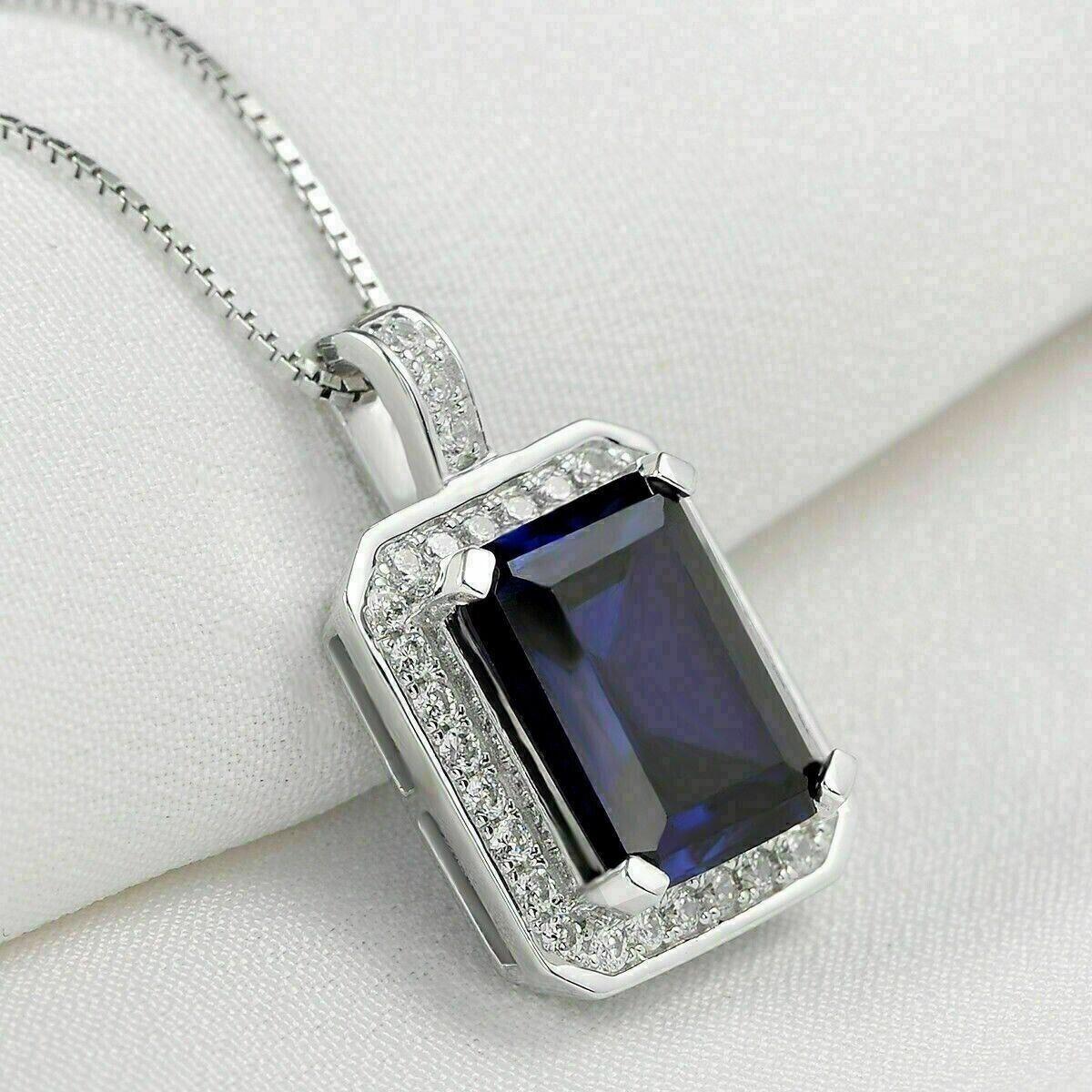 Sterling Silver Sapphire Blue Emerald-Cut Halo Pendant Necklace for Womens