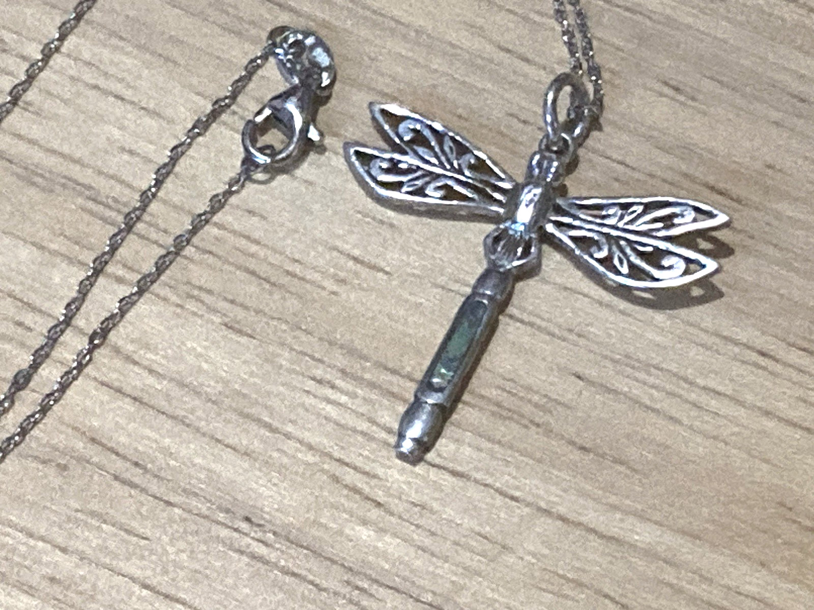 Vintage Peter Stone Pendant Necklace Sterling Silver Dragonfly Abalone Charm 925