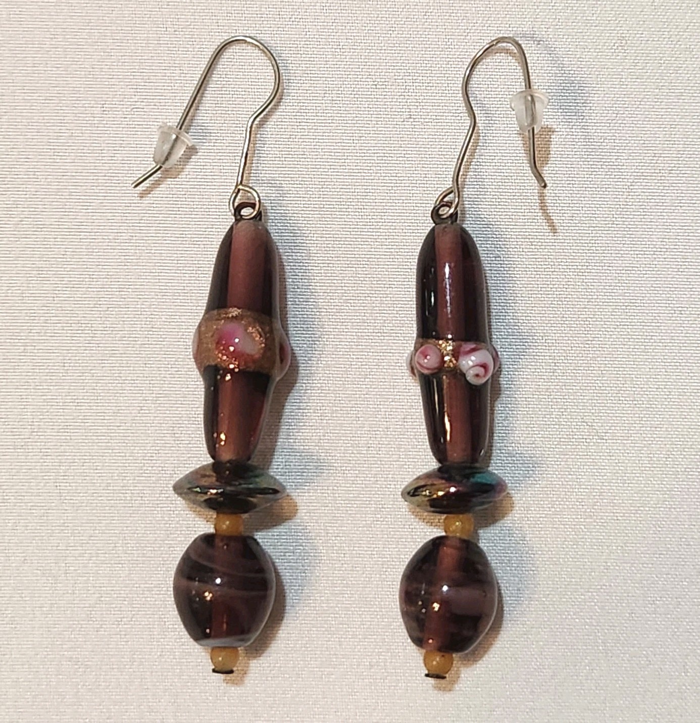 Purple Glass Bead Dangle Earrings Burgundy Pink Accents Handmade Style Boho 2.5″