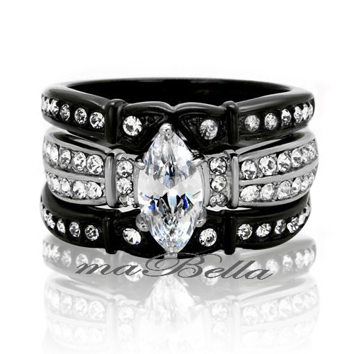 Wedding Engagement Ring Band Set Black Stainless Steel Titanium His & Hers