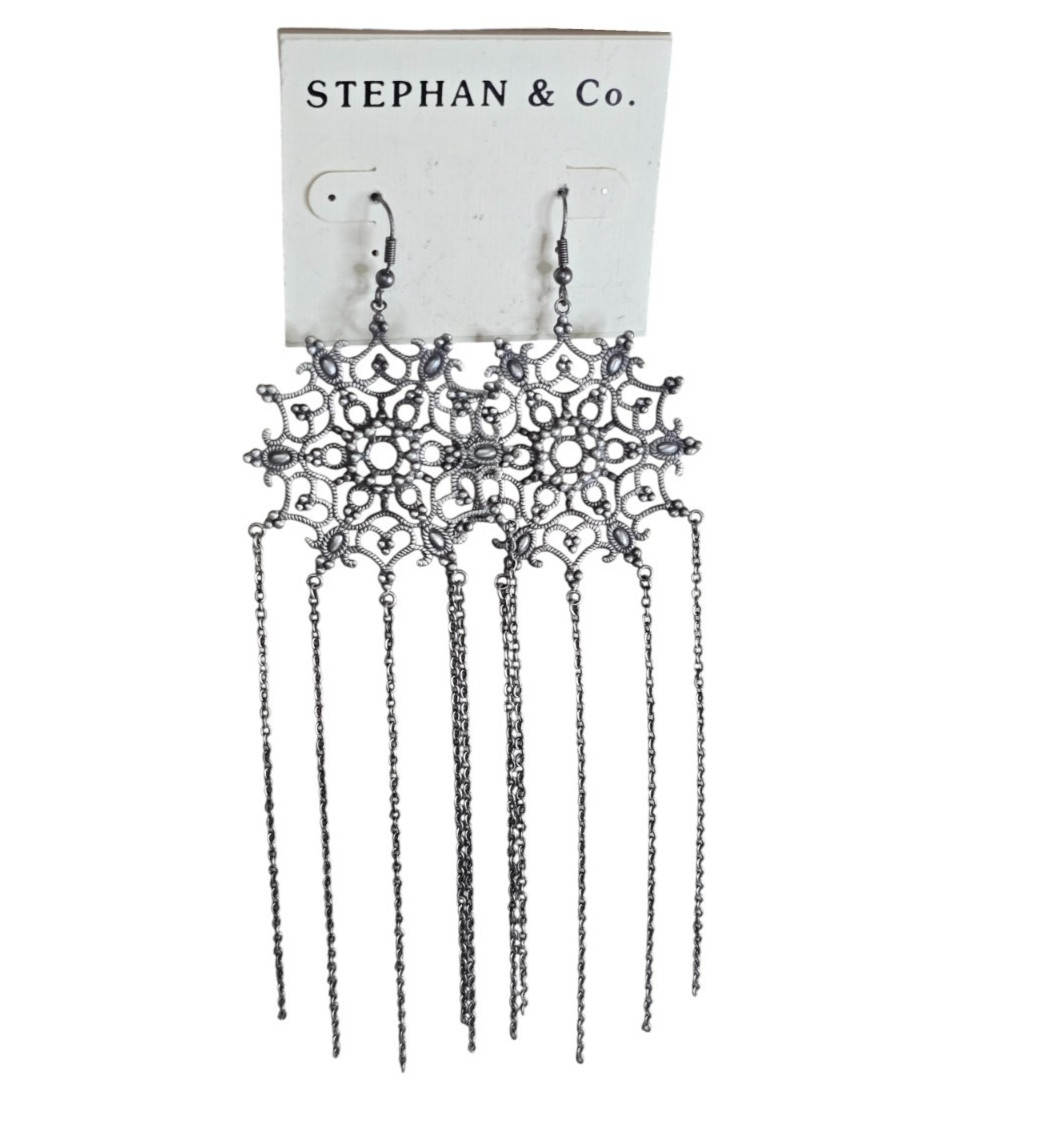 Stephan & Co Women’s Long Statement Hook Earrings Dark Silver NWT