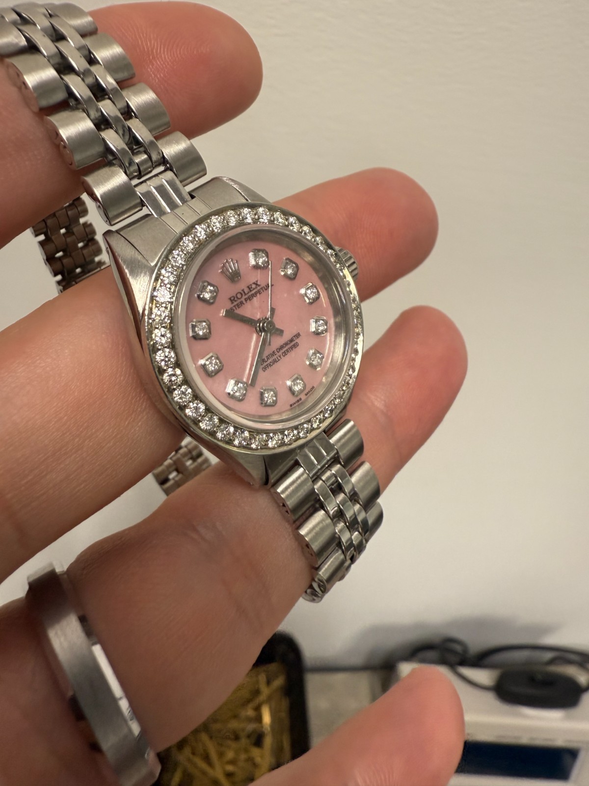 Rolex Ladies Oyster Perpetual Pink MOP Diamond Dial Diamond Bezel Jubilee Band