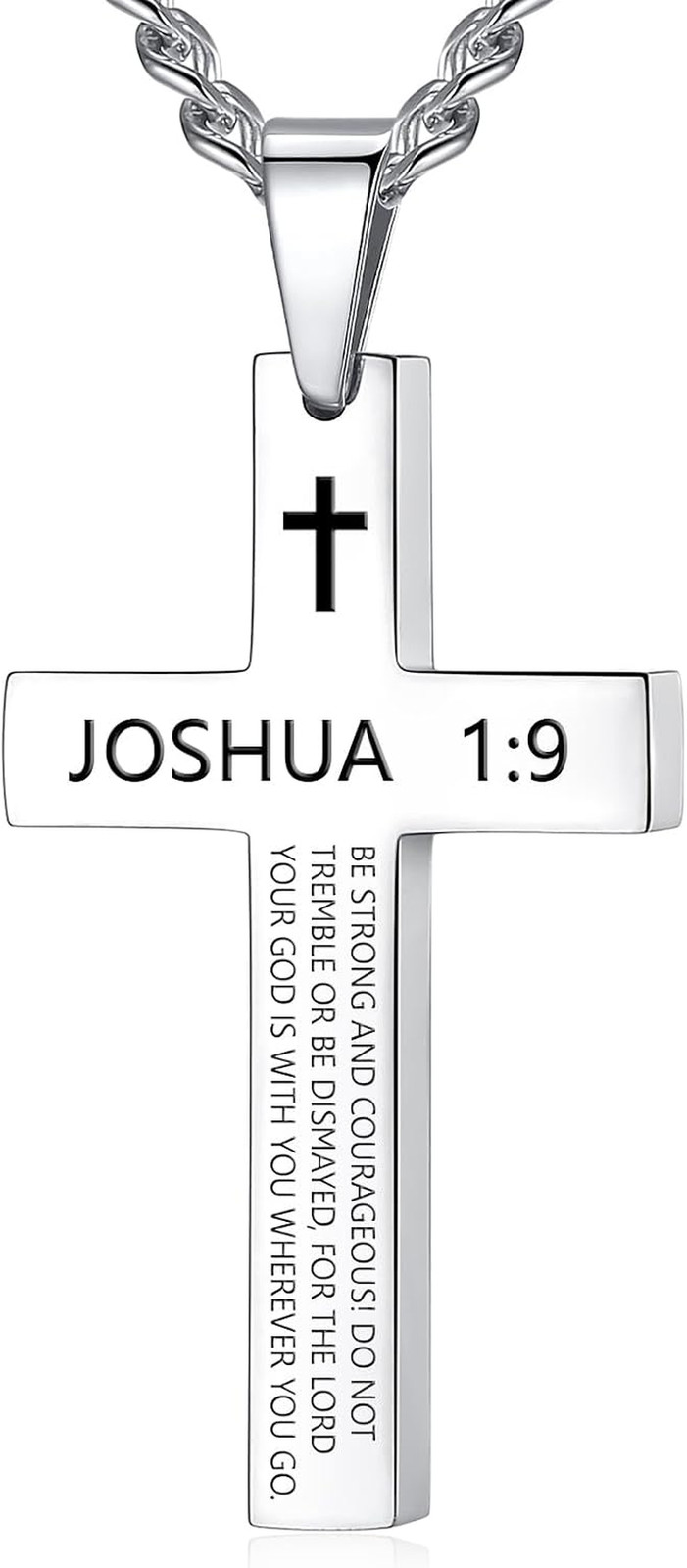 Inspirational Bible Verse Cross Necklace for Men Boys, Stainless Steel Plain Bla
